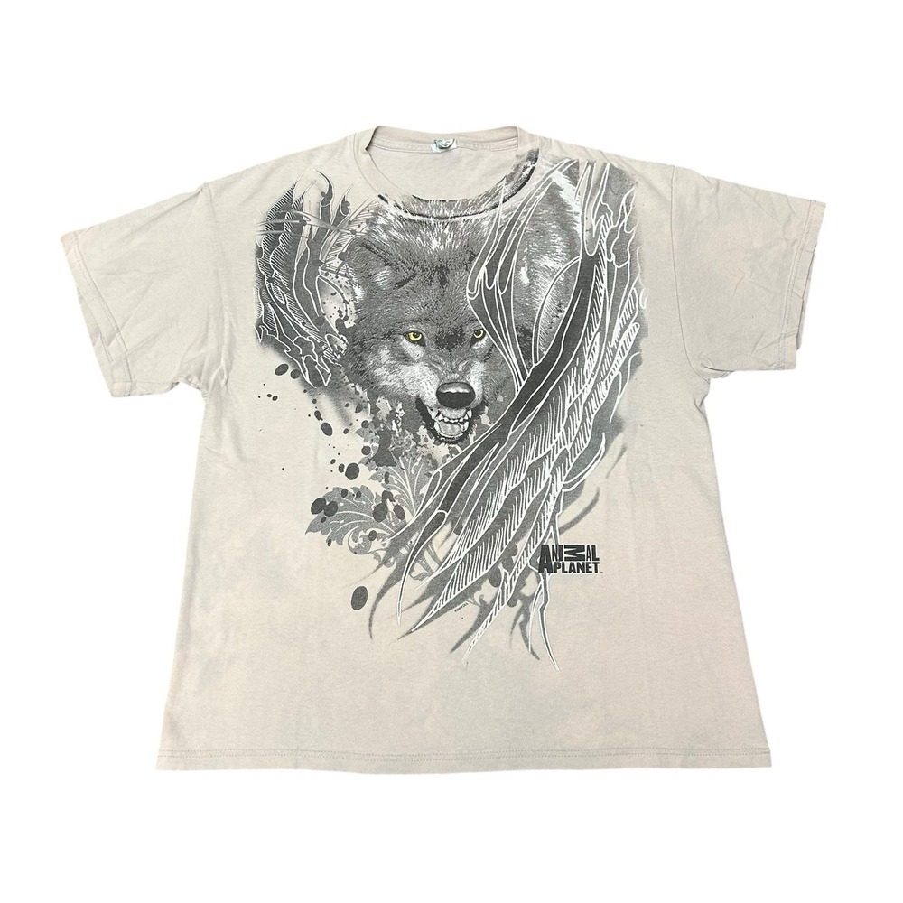 Vintage Y2K Tribal Animal Planet Wolf T-shirt‎ Sz L Cyber Tattoo Worn Distressed